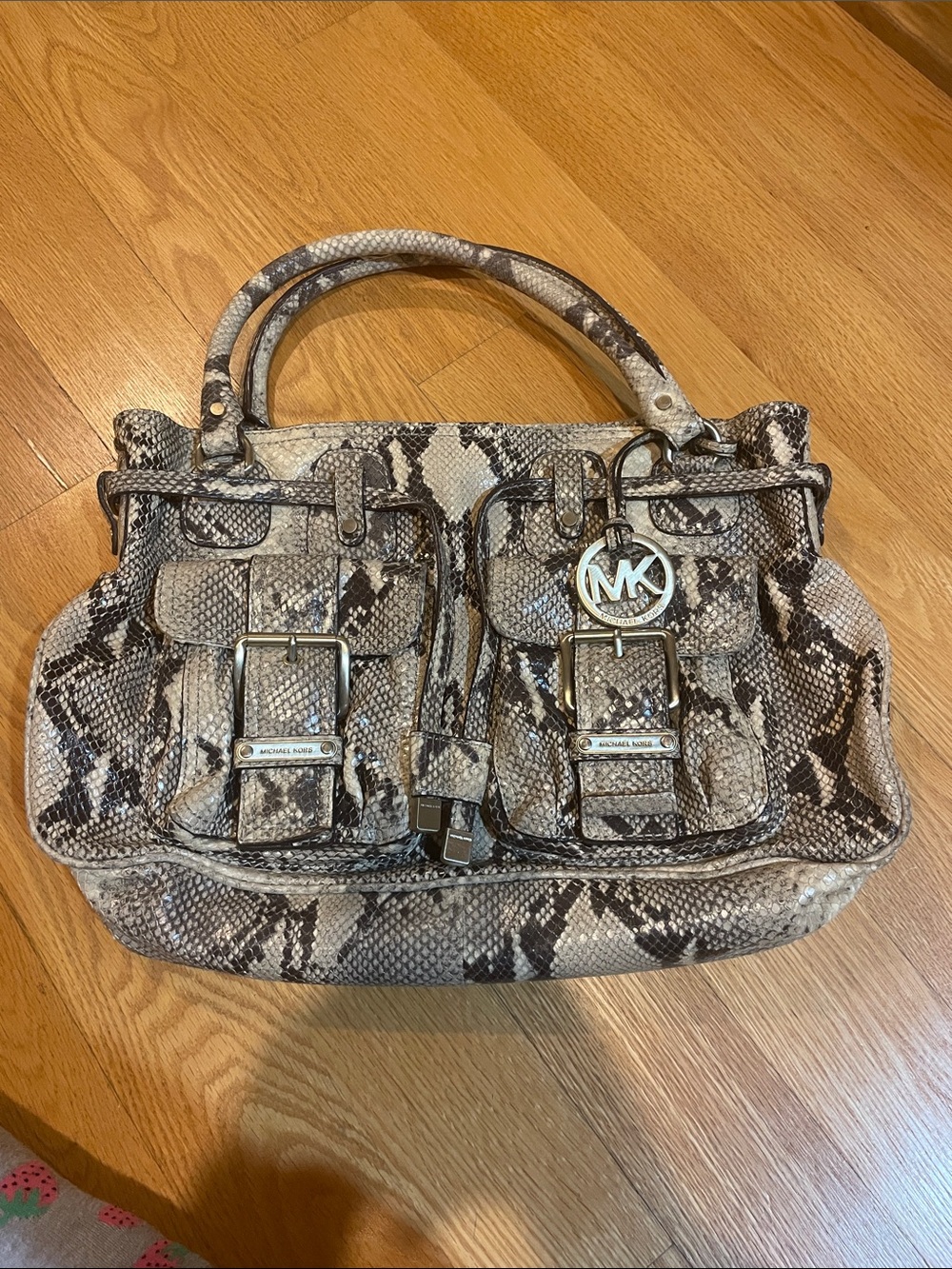 Michael Kors Taupe and Brown Snake-Print Satchel
